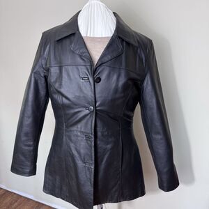 CLIO Leather Jacket Black Leather Collared Buttons Pockets Lined Size 10